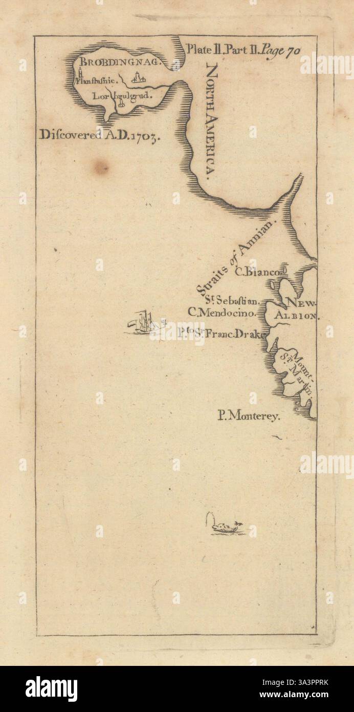 Brobdingnag by Jonathan Swift. Gulliver's Travels. California Canada 1751 map Stock Photo