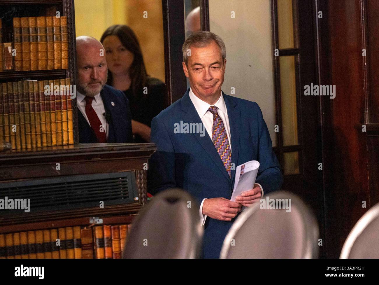 London, UK. 17th Mar, 2025. Leader of Reform, Nigel Farage. Nigel Farage welcomes 29 councillors who have defected to Reform ahead of the local elections in May. 15 of the 29 have defected from the Conservatives. Reform UK hold a press conference to announce New members for the May local elections. Credit: Karl Black/Alamy Live News Stock Photo