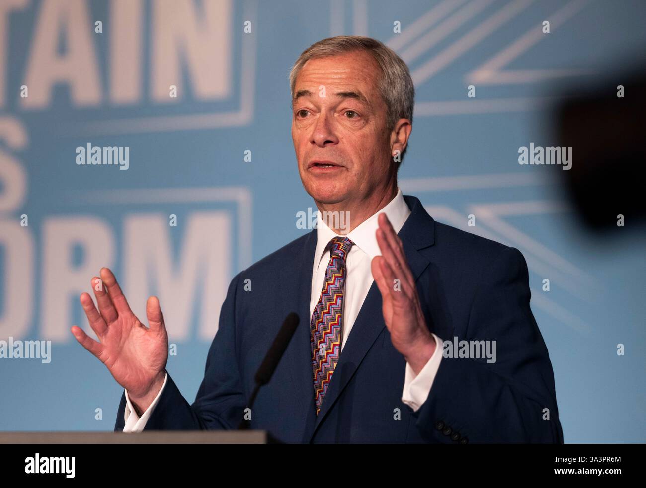 London, UK. 17th Mar, 2025. Leader of Reform, Nigel Farage. Nigel Farage welcomes 29 councillors who have defected to Reform ahead of the local elections in May. 15 of the 29 have defected from the Conservatives. Reform UK hold a press conference to announce New members for the May local elections. Credit: Karl Black/Alamy Live News Stock Photo