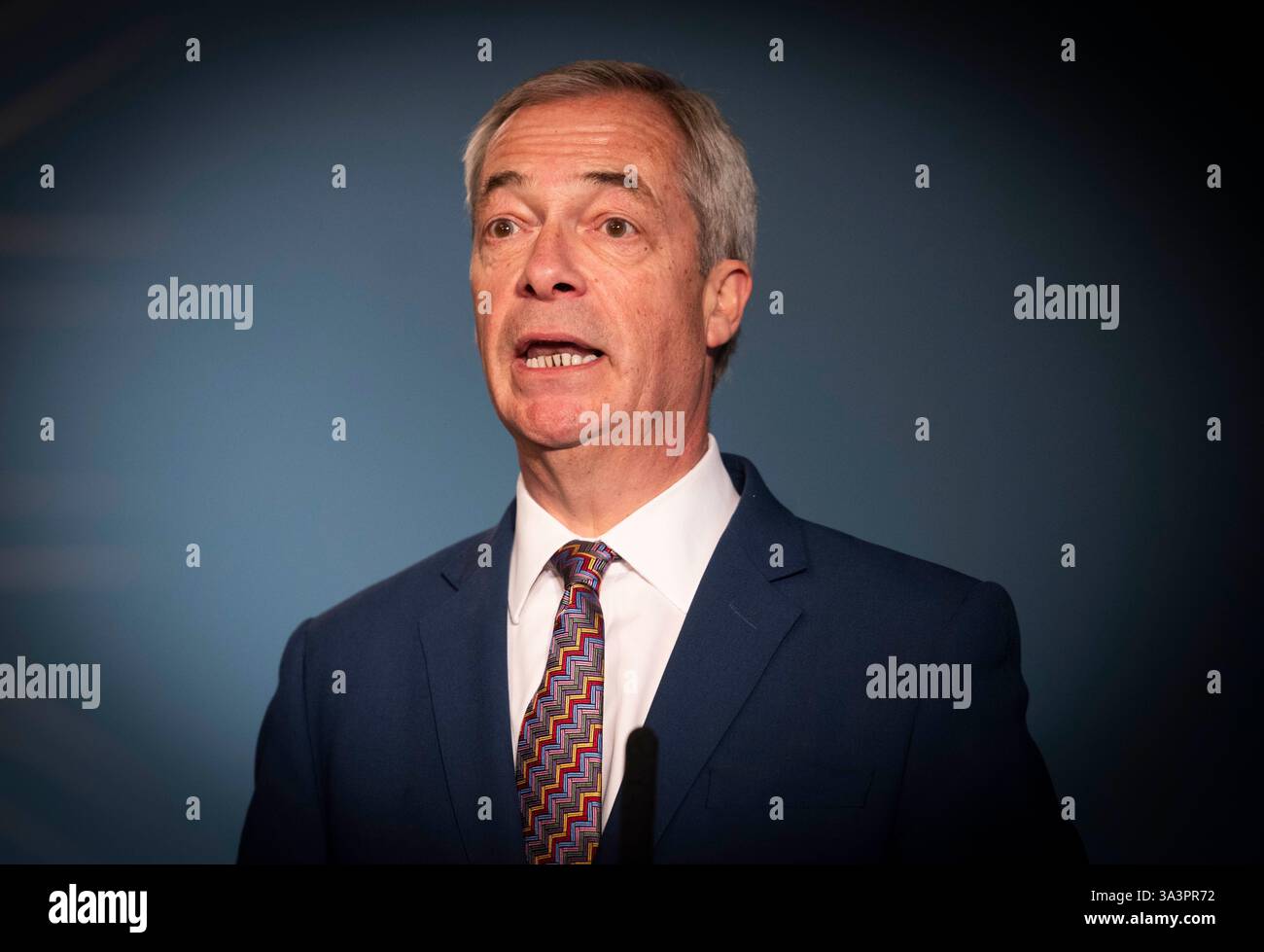 London, UK. 17th Mar, 2025. Leader of Reform, Nigel Farage. Nigel Farage welcomes 29 councillors who have defected to Reform ahead of the local elections in May. 15 of the 29 have defected from the Conservatives. Reform UK hold a press conference to announce New members for the May local elections. Credit: Karl Black/Alamy Live News Stock Photo