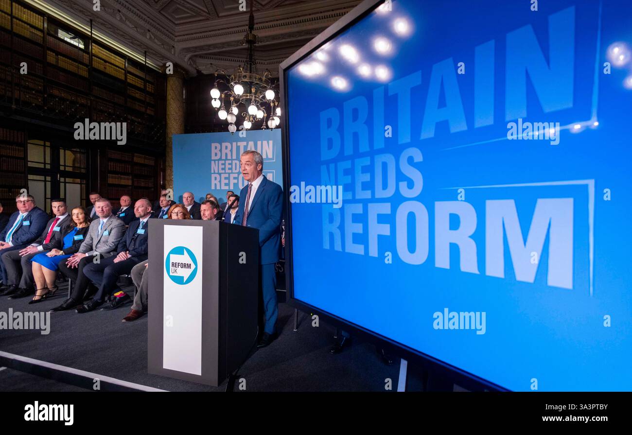 London, UK. 17th Mar, 2025. Nigel Farage welcomes 29 councillors who have defected to Reform ahead of the local elections in May. 15 of the 29 have defected from the Conservatives. Reform UK hold a press conference to announce New members for the May local elections. Credit: Karl Black/Alamy Live News Stock Photo