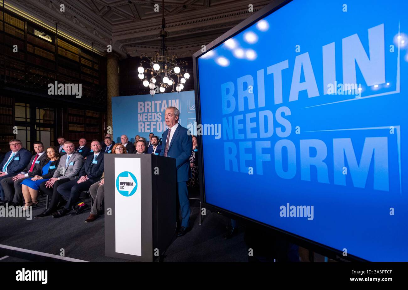 London, UK. 17th Mar, 2025. Nigel Farage welcomes 29 councillors who have defected to Reform ahead of the local elections in May. 15 of the 29 have defected from the Conservatives. Reform UK hold a press conference to announce New members for the May local elections. Credit: Karl Black/Alamy Live News Stock Photo