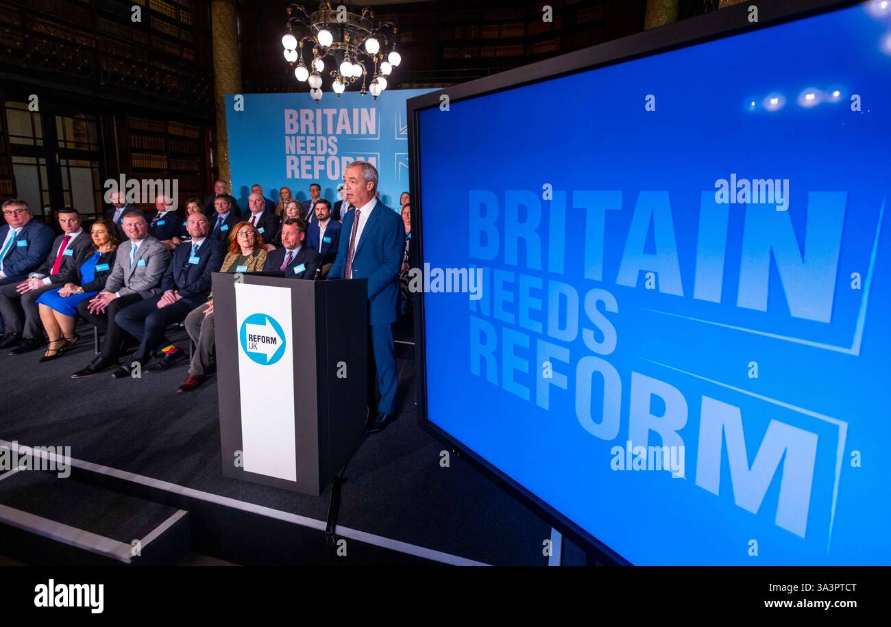 London, UK. 17th Mar, 2025. Nigel Farage welcomes 29 councillors who have defected to Reform ahead of the local elections in May. 15 of the 29 have defected from the Conservatives. Reform UK hold a press conference to announce New members for the May local elections. Credit: Karl Black/Alamy Live News Stock Photo