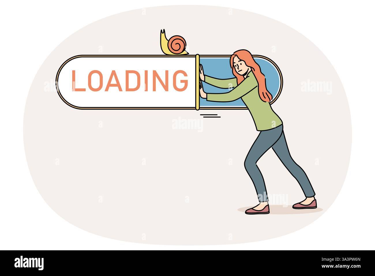 Woman suffers from slow internet and pushes loading bar with snail, needing to connect to 5G network. Problems with internet causing decrease in productivity for completing work tasks Stock Vector