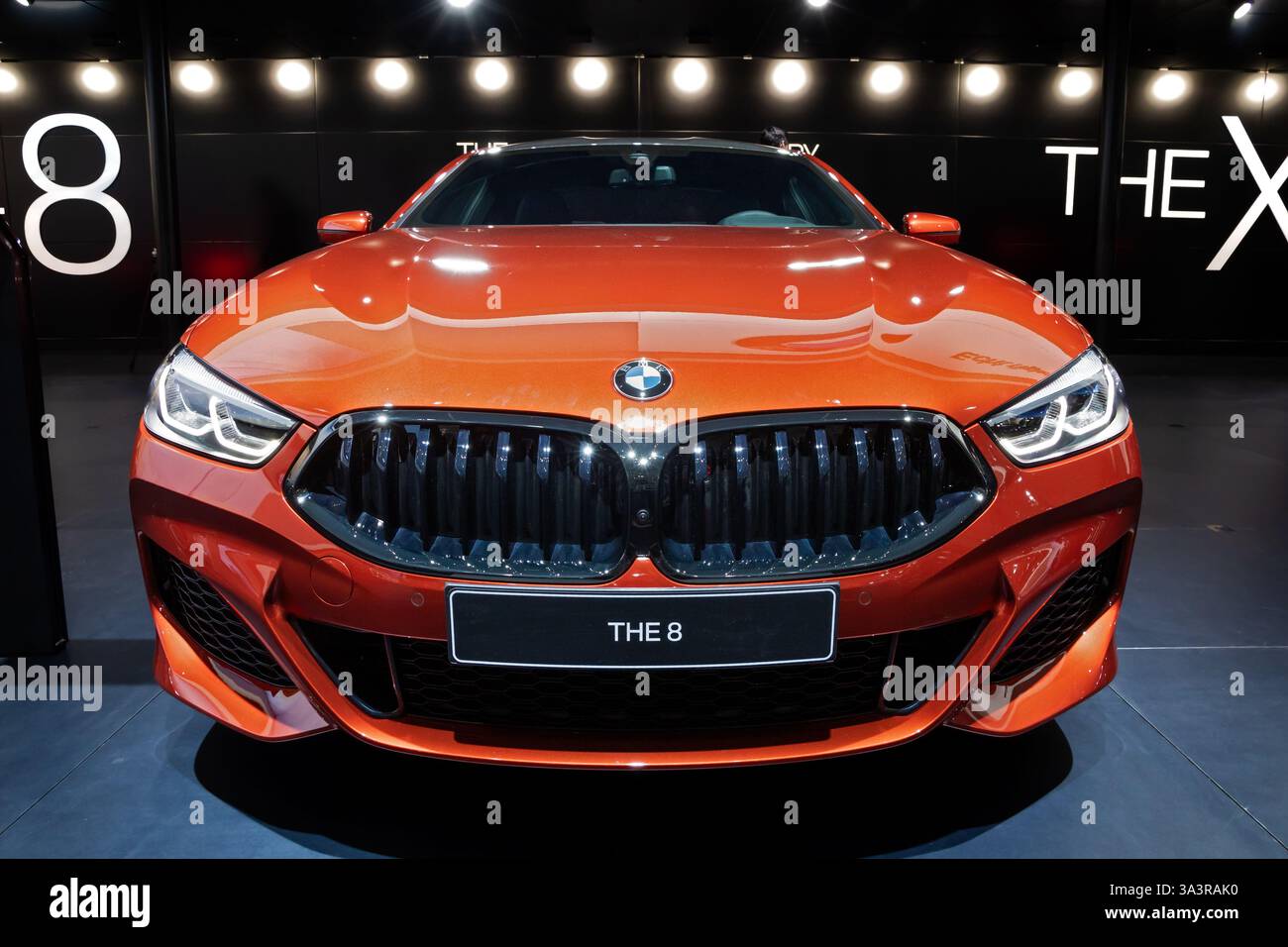 BMW 8 Series sports car at the Brussels Autosalon Motor Show. Belgium - January 18, 2019. Stock Photo