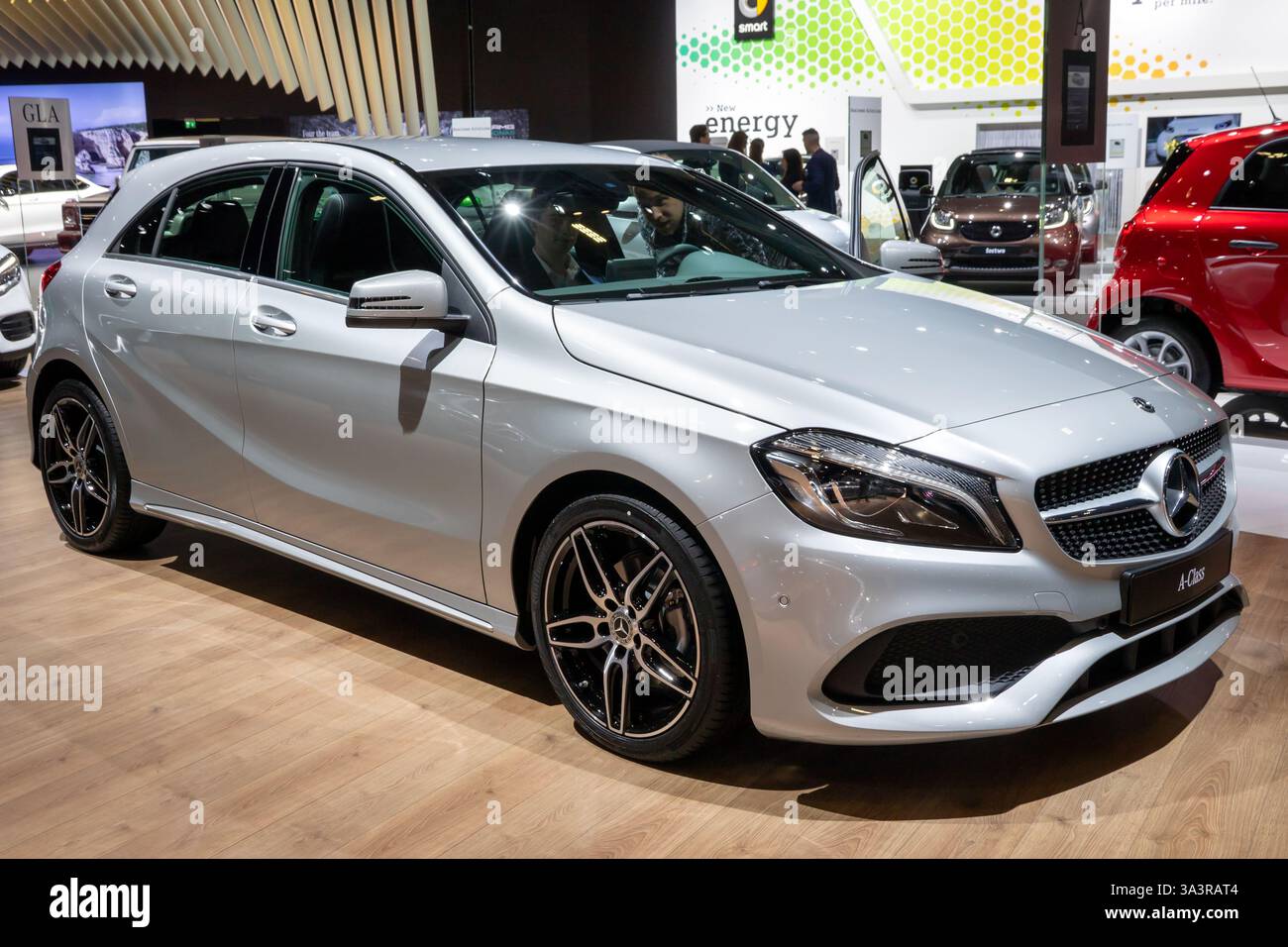Mercedes-Benz A-Class car at the Brussels Autosalon Motor Show. Belgium - January 10, 2018. Stock Photo