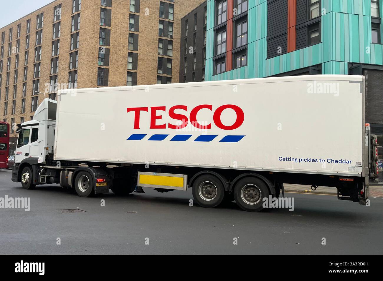 TESCO Delivery Lorry driving through Swansea City Centre. 4th March 2025. - Smartphone Captured Stock Image
