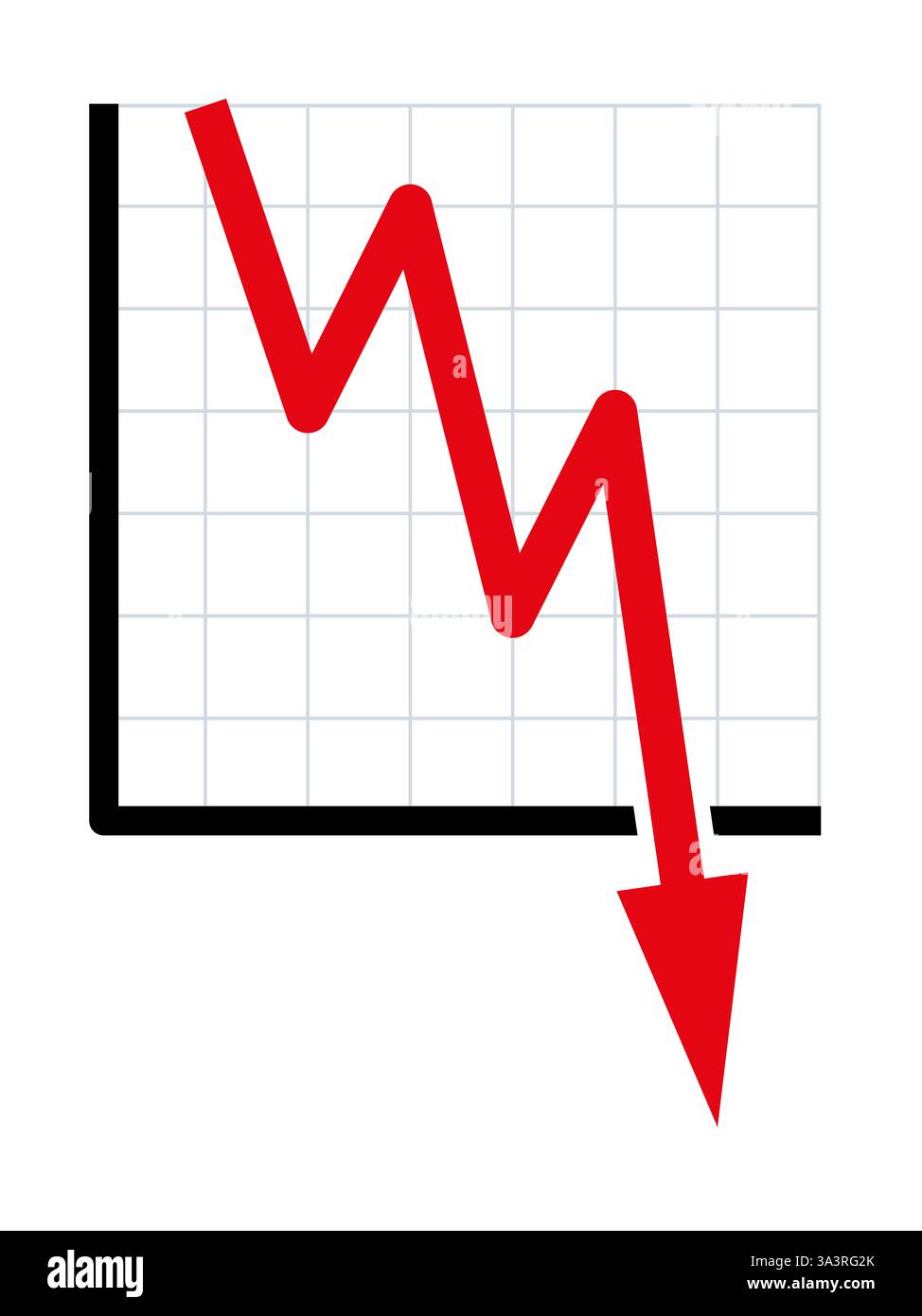 Downward trend, symbolic chart for falling prices. Decreasing red line of a diagram falls with fluctuations into the bottomless. Stock Photo