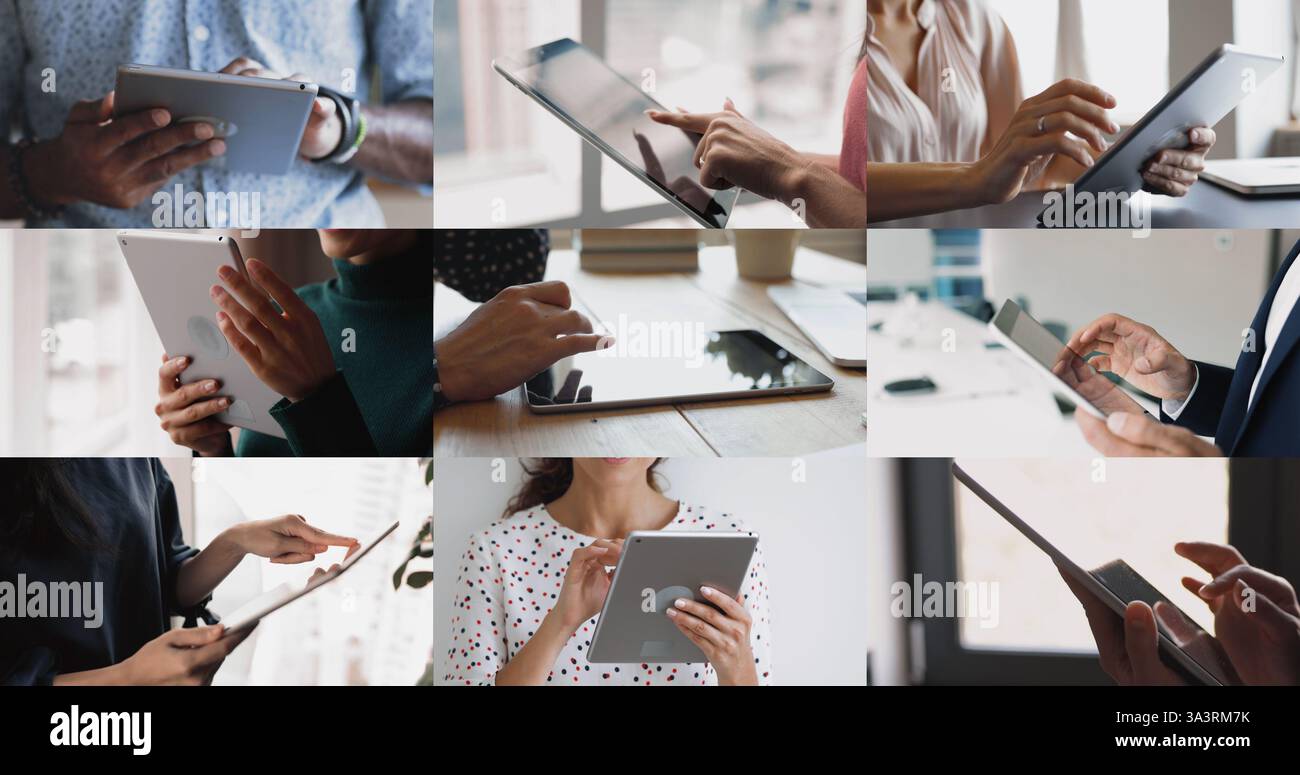 Different people using digital tablets, multiple collage close up view Stock Photo