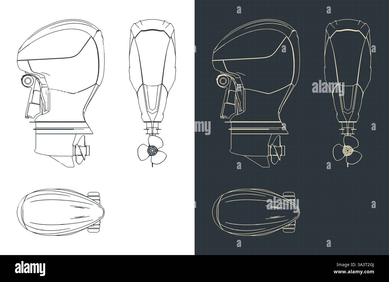 Stylized vector illustrations of a powerful outboard motor drawings ...