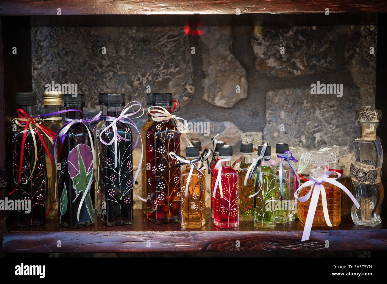 Traditional homemade liqueurs in Vytina village, in Arkadia, Greece Stock Photo