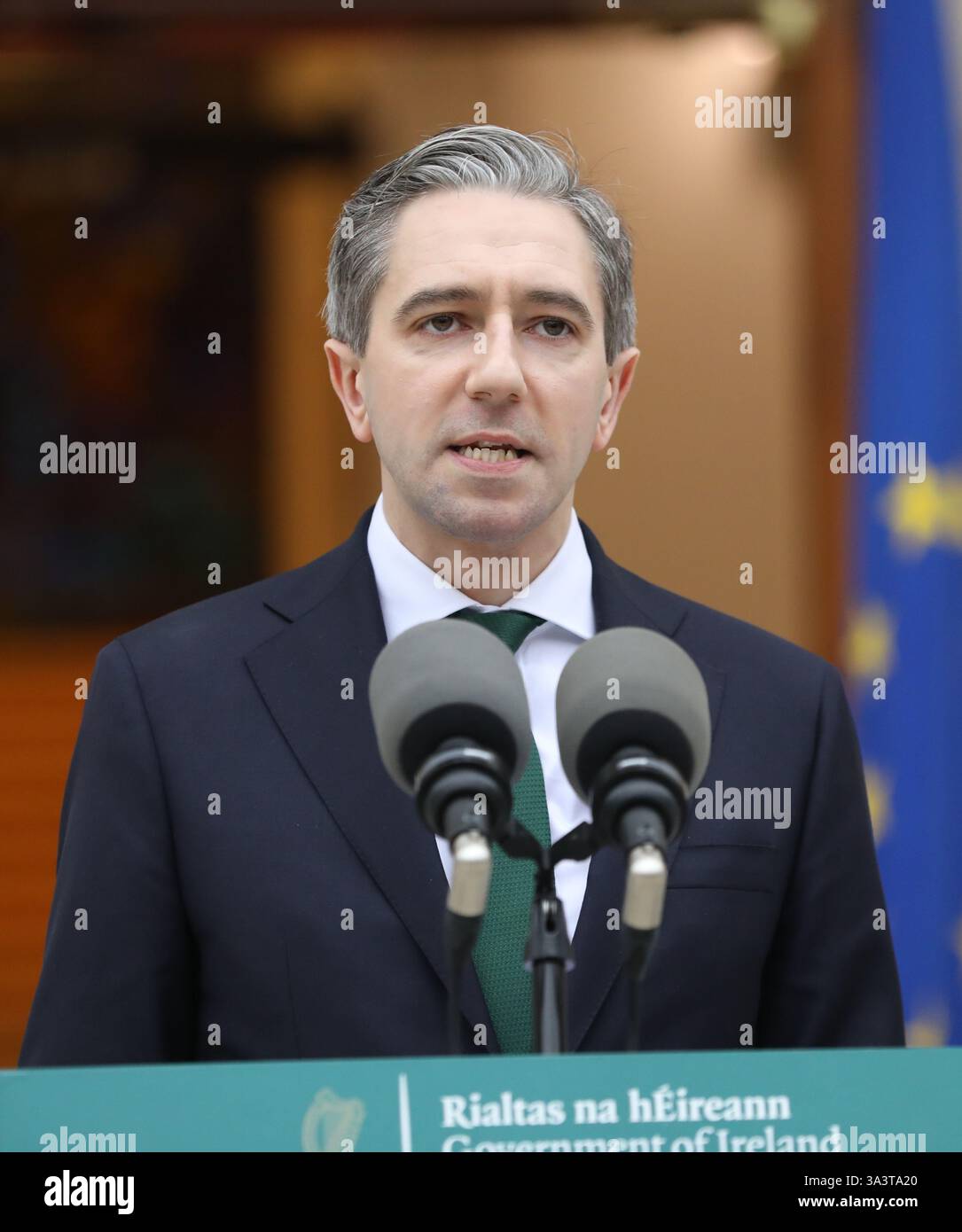Taoiseach Simon Harris makes a statement outside Government Buildings ...
