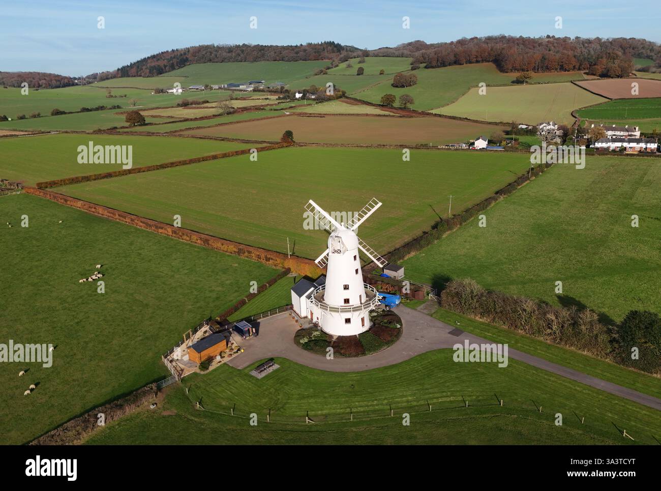 A drone view of Llancayo Windmill in Monmouthshire in the autumnal sunshine. Picture date: Wednesday November 13, 2024. Stock Photo