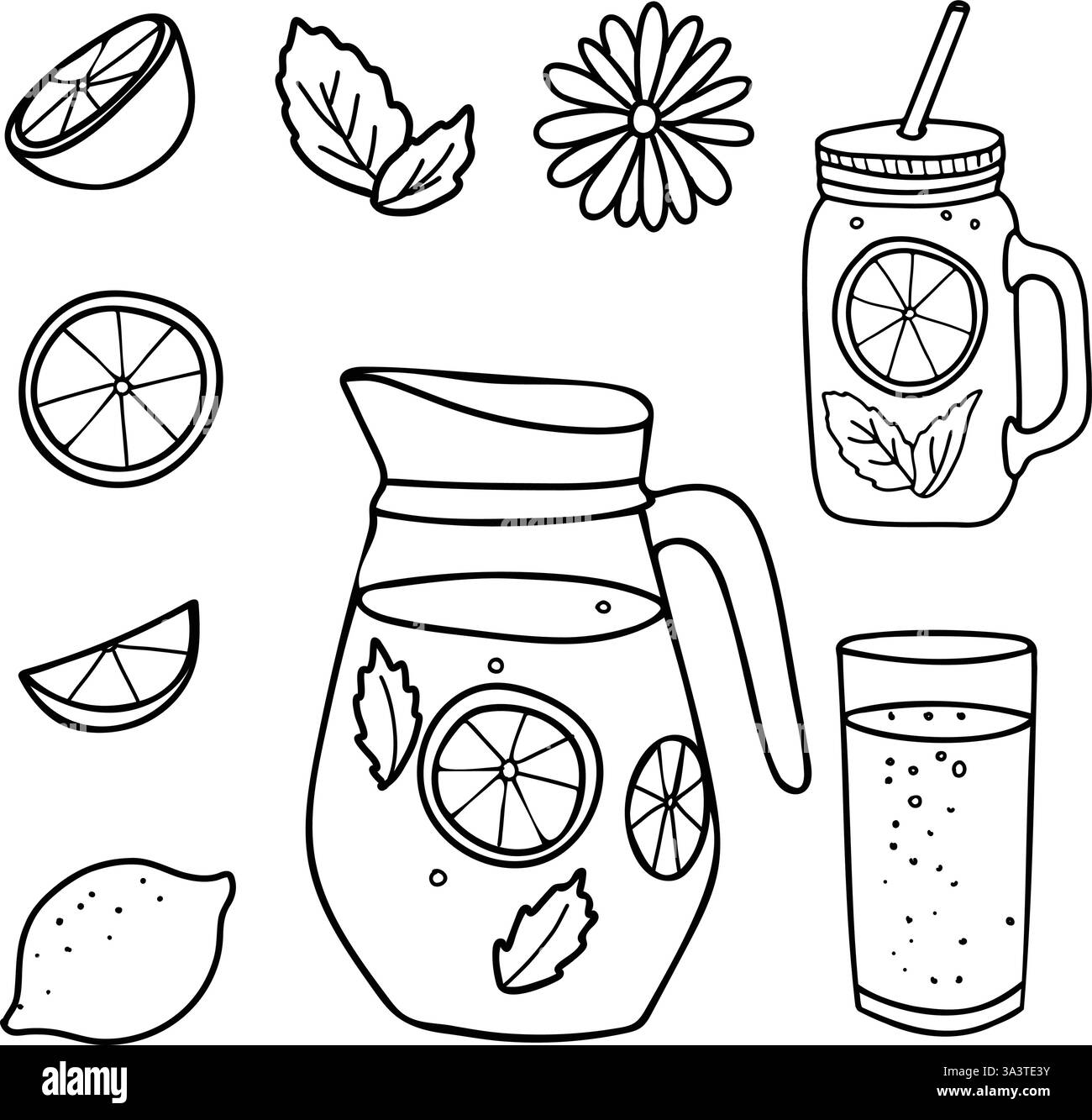 Lemonade Jug and Glasses, Mason jar with Straw, Lemon Fruit and Cut Citrus Slices. Summer refreshment beverage with Lemon and mint. Hand drawn vector Stock Vector