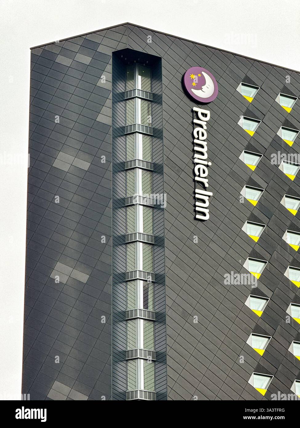 Cardiff, Wales, UK - 13 February 2025: Exterior view of the Premier Inn in Cardiff city centre near Cardiff Central railway station. - Smartphone Captured Stock Image