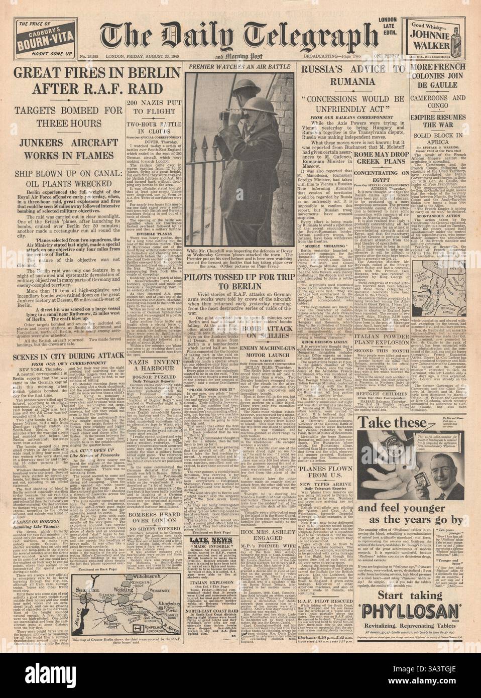 1940 front page Daily Telegraph RAF bombing raids on Berlin Stock Photo ...