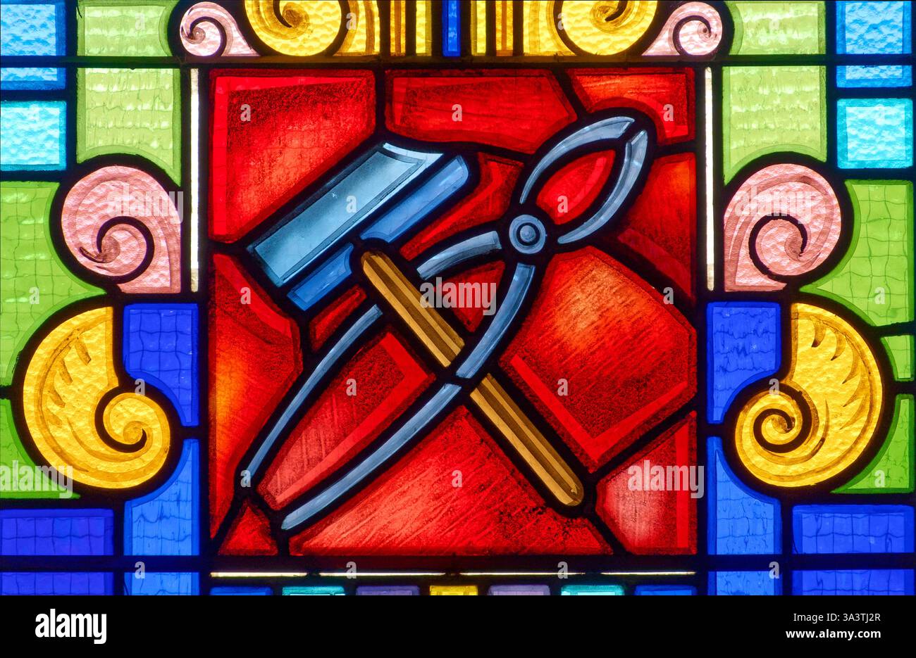 Stained Instruments Saint-Just Malmont, FRANCE - 07-13-2024: Stained glass of The ...