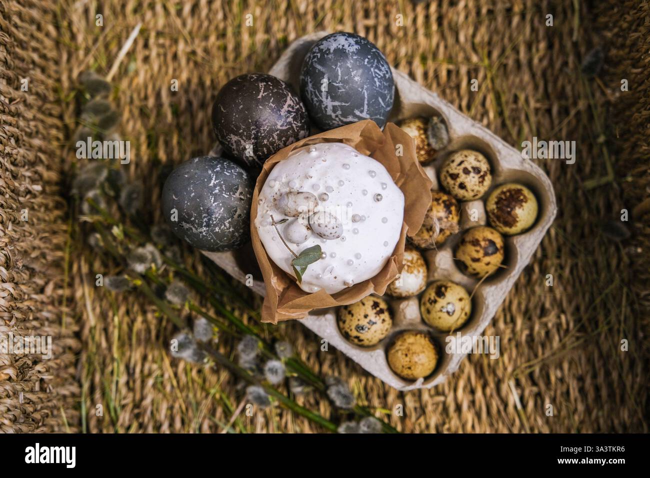 Easter painted eggs and Easter cakes. High quality photo Stock Photo