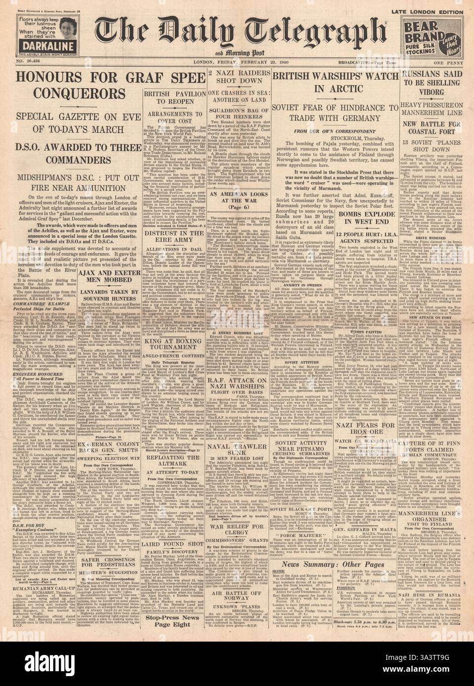 1940 front page Daily Telegraph Navy honoured for Battle of River Plate ...