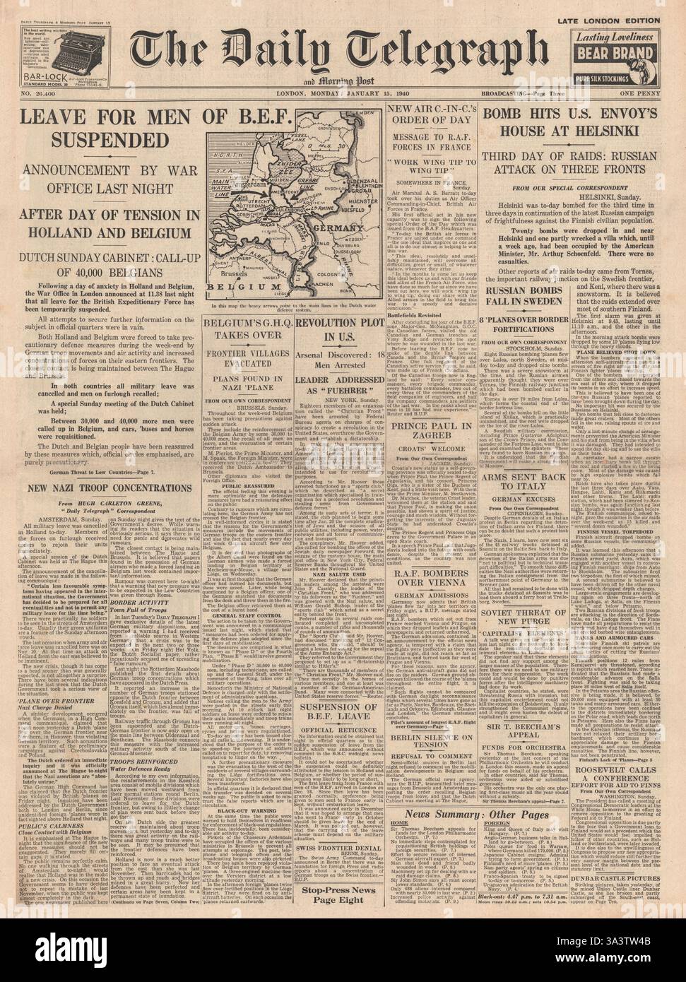 1940 front page Daily Telegraph Leave for BEF Men Suspended Stock Photo ...