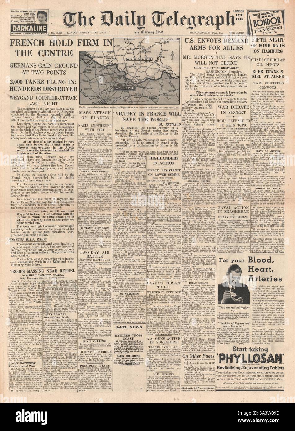 1940 front page Daily Telegraph German forces head south to Paris and ...
