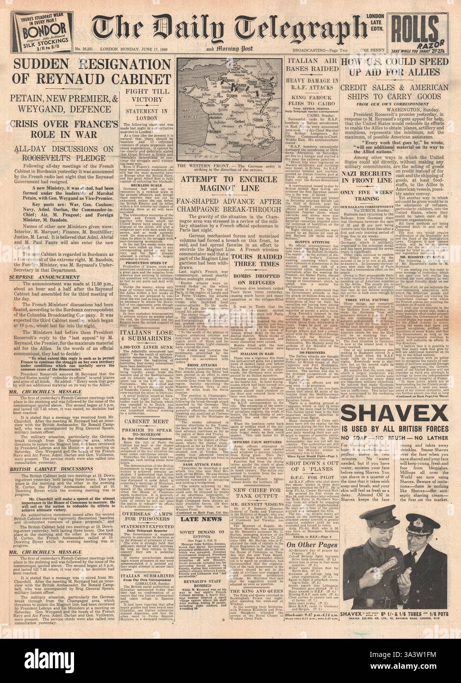 1940 front page Daily Telegraph French Cabinet resigns and Marshal ...