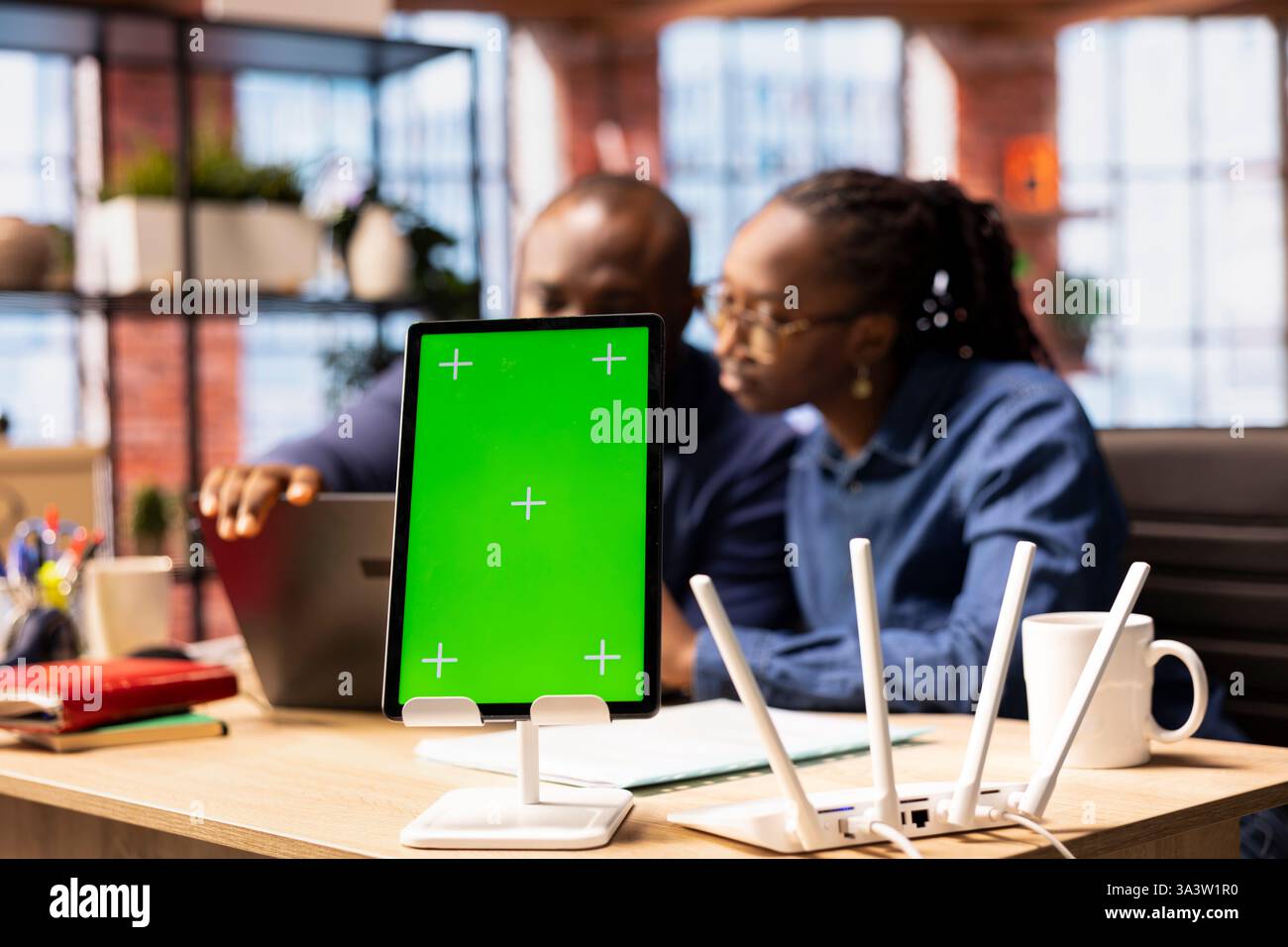 Black man and woman having problems with home internet next to mockup ...