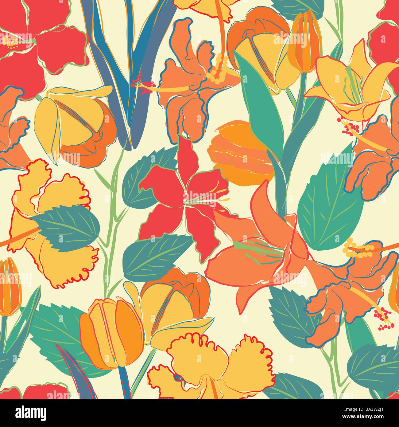 Hibiscus, tulip, lily Flower pattern, Seamless hand drawn illustration vector tropical style colorful wallpaper, summer spring floral prints Stock Vector
