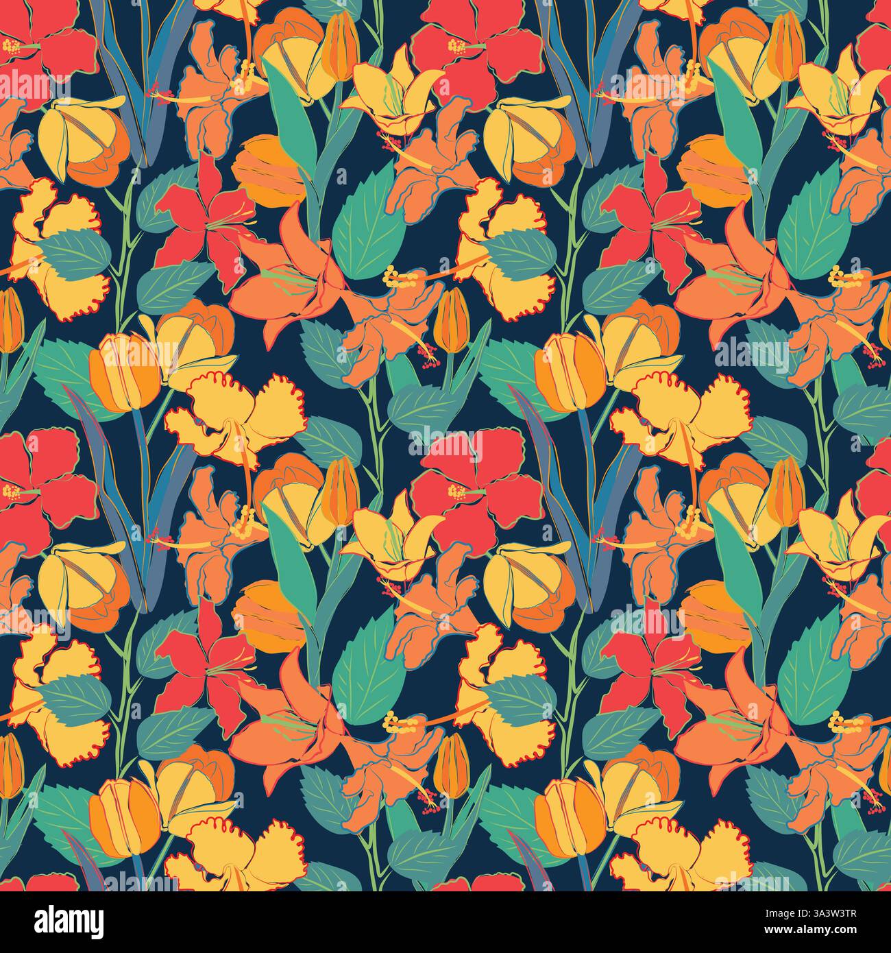 Colorful floral prints, Hibiscus, Tulip, Lily Flower pattern, Seamless hand drawn illustration vector tropical wallpaper, summer spring. Stock Vector