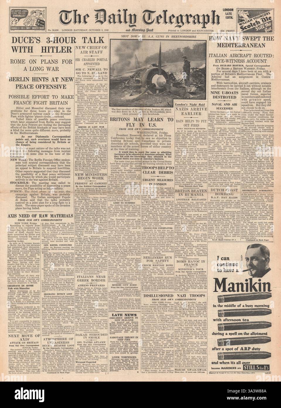 1940 front page Daily Telegraph Mussolini and Hitler meet for talks at ...