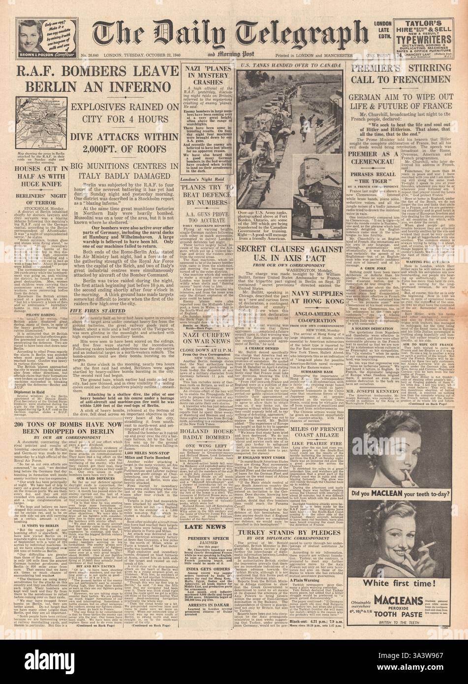 1940 front page Daily Telegraph RAF Leave Berlin an Inferno Stock Photo ...