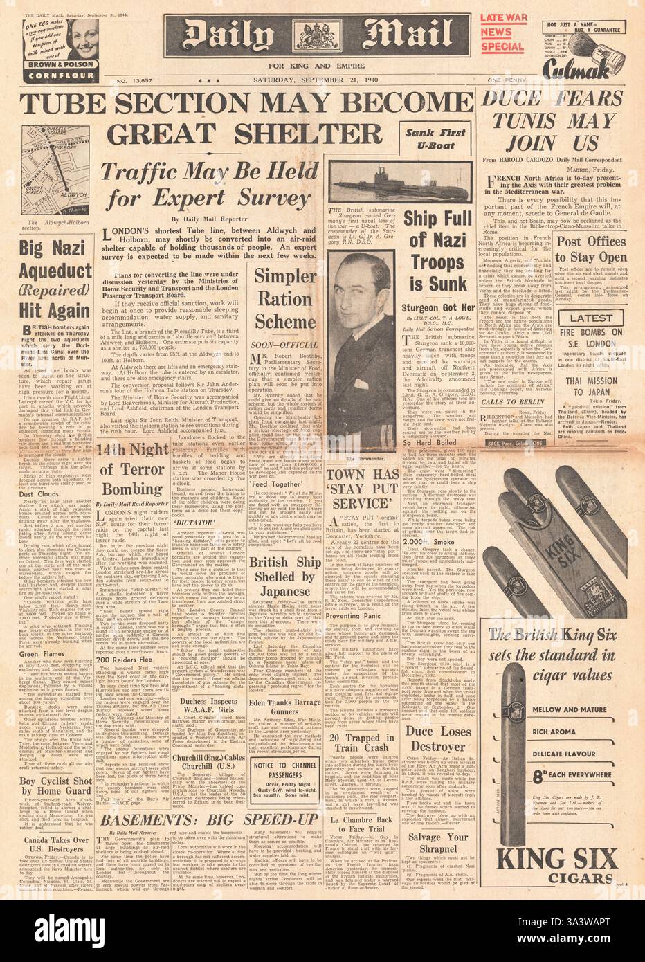 1940 front page Daily Mail Aldwych to Holborn Tube tunnel to be Air Raid Shelter and Submarine HMS Sturgeon sinks German Troop Ship Pionier Stock Photo