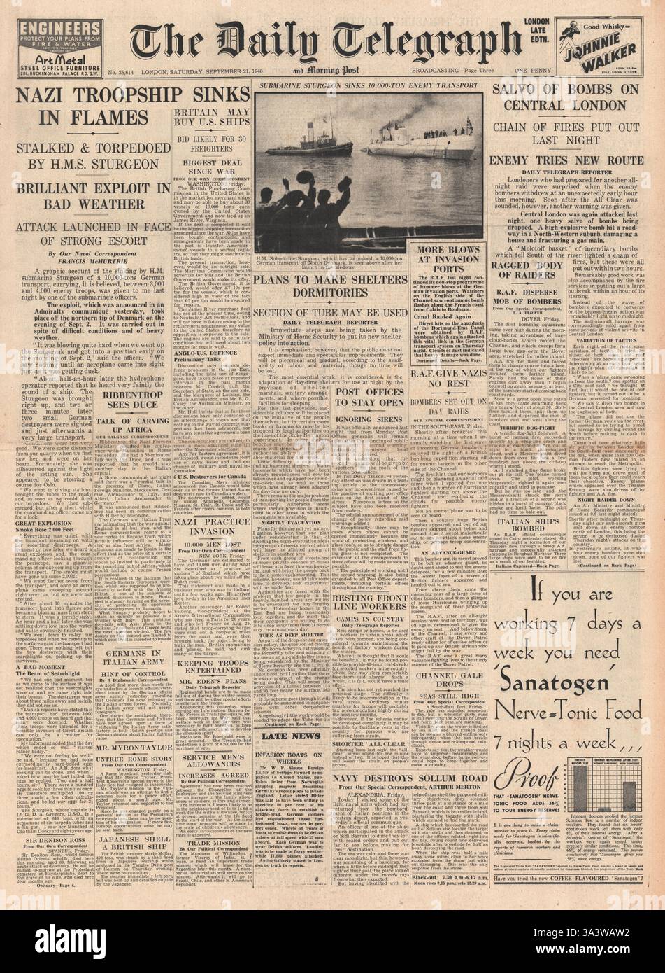 1940 front page  Daily Telegraph Aldwych to Holborn Tube tunnel to be Air Raid Shelter and Submarine HMS Sturgeon sinks German Troop Ship Pionier Stock Photo