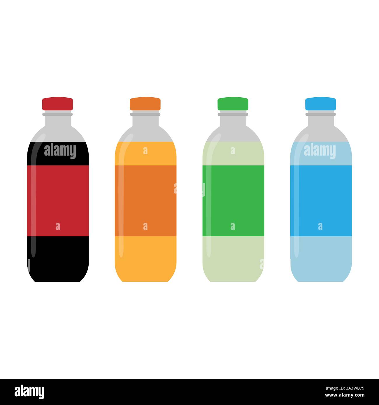 Colored beverage bottles. Simple container shapes. Refreshing drink variety. Vector fluid concept. Stock Vector