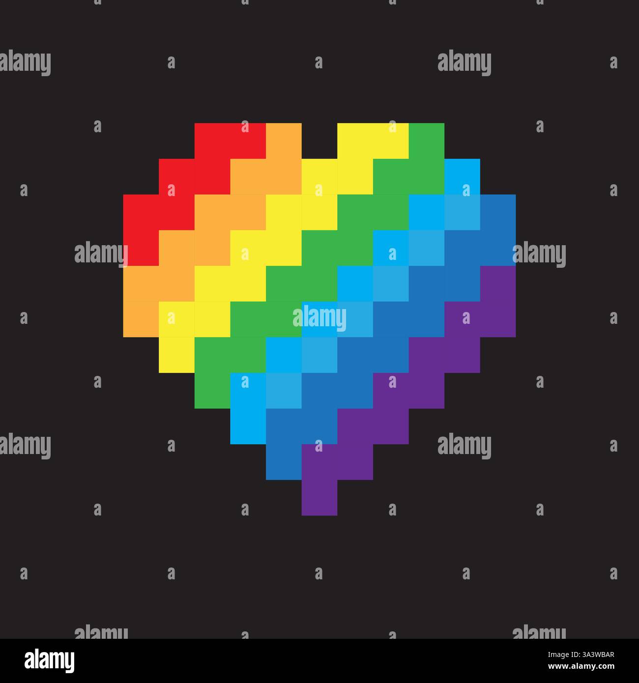 Rainbow pixel heart. Bright color icon. Dark black background. Vector pride shape. Stock Vector
