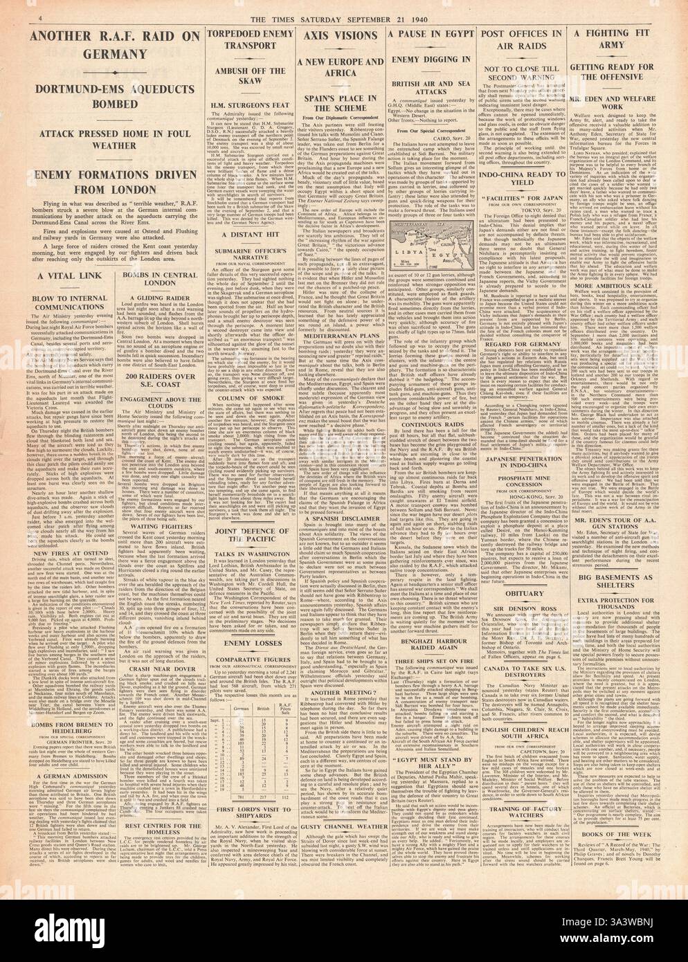 1940 The Times page 4 RAF bomb the Dortmund - Ems Canal and Submarine HMS Sturgeon sinks German Troop Ship Pionier Stock Photo