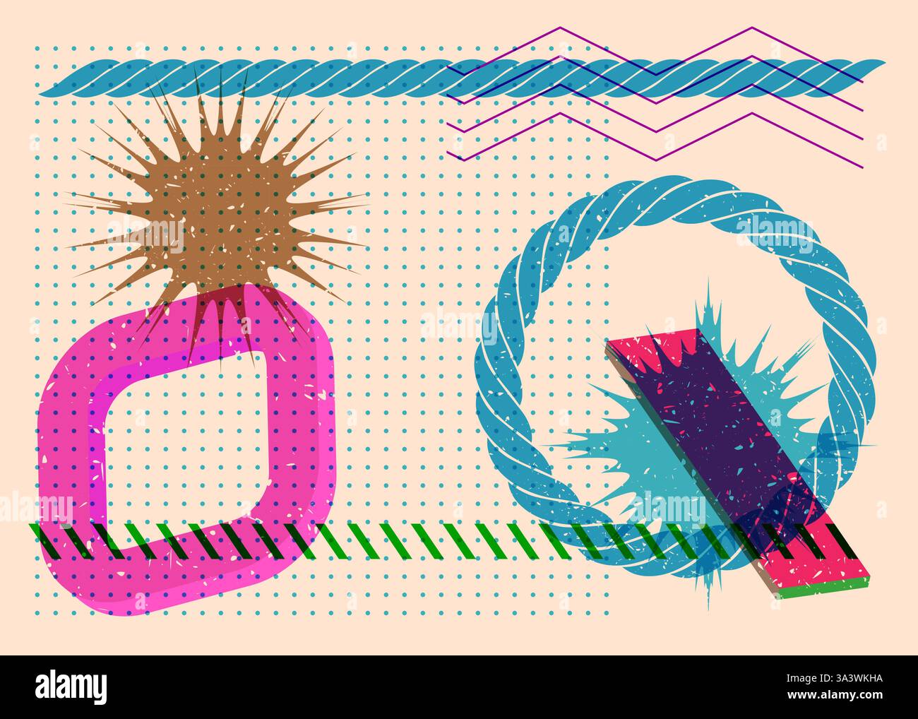 Colorful geometric shapes. Object in trendy riso graph design. Geometry elements abstract risograph print texture style. Stock Vector
