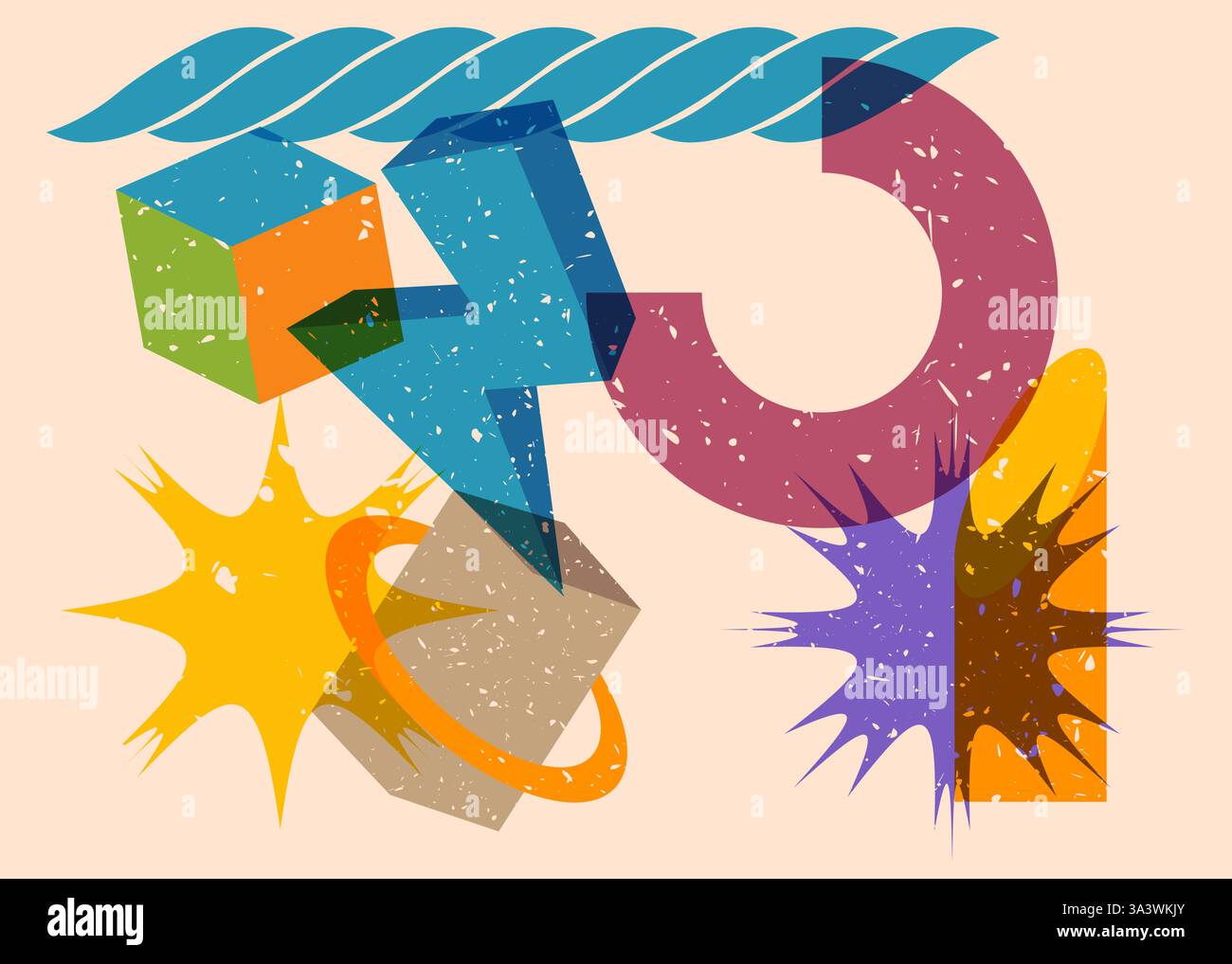 Colorful geometric shapes. Object in trendy riso graph design. Geometry elements abstract risograph print texture style. Stock Vector