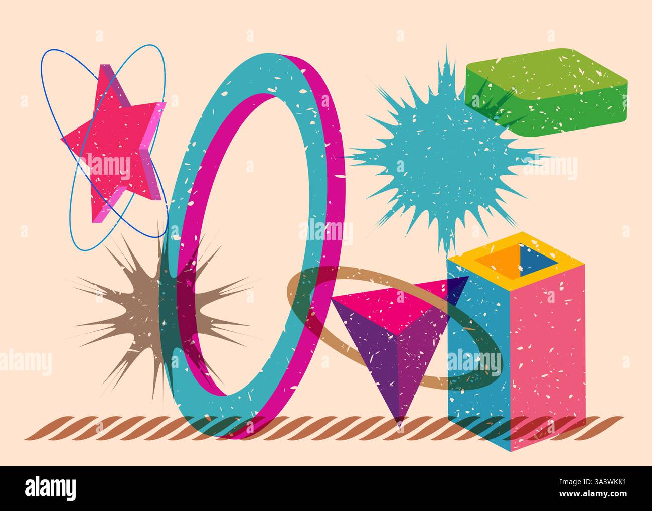 Colorful geometric shapes. Object in trendy riso graph design. Geometry elements abstract risograph print texture style. Stock Vector