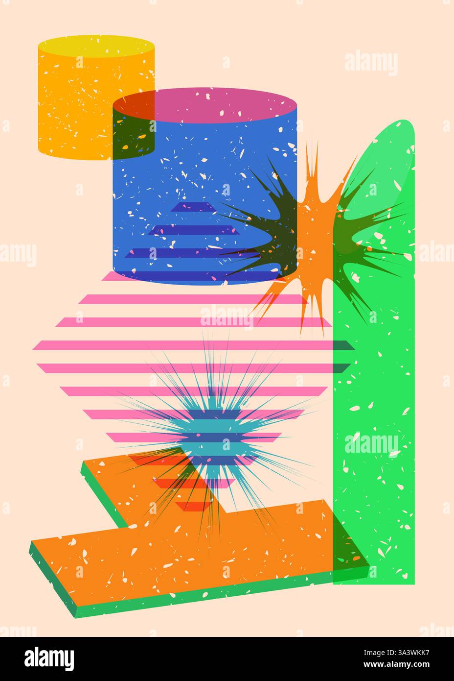 Colorful geometric shapes. Object in trendy riso graph design. Geometry elements abstract risograph print texture style. Stock Vector