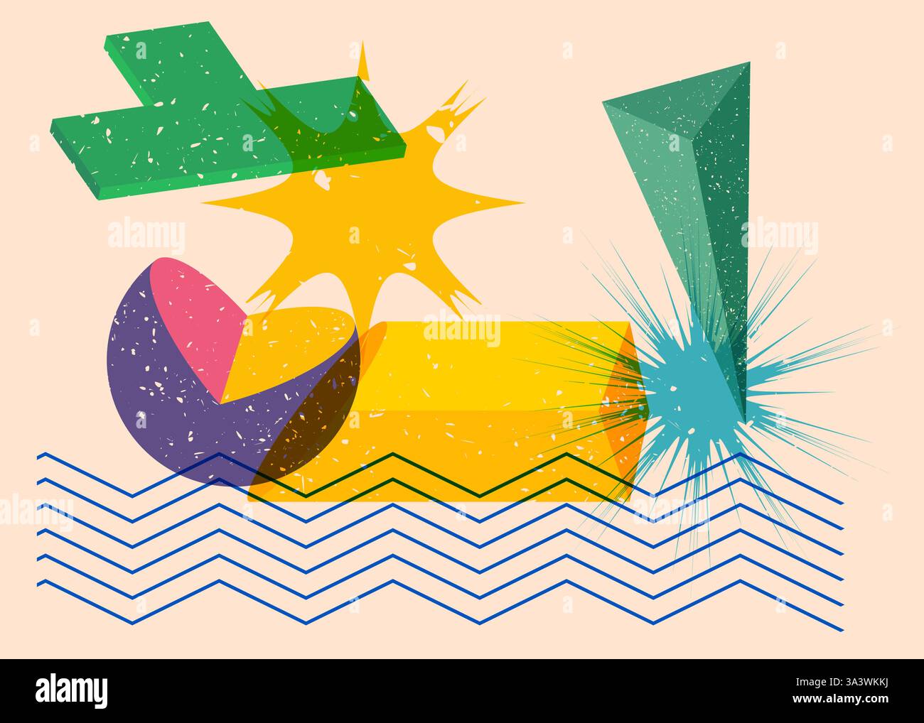 Colorful geometric shapes. Object in trendy riso graph design. Geometry elements abstract risograph print texture style. Stock Vector