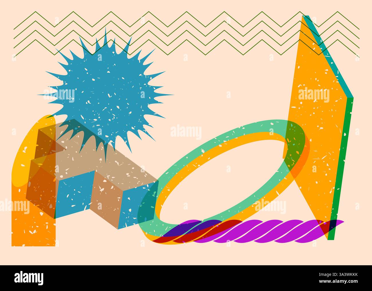 Colorful geometric shapes. Object in trendy riso graph design. Geometry elements abstract risograph print texture style. Stock Vector