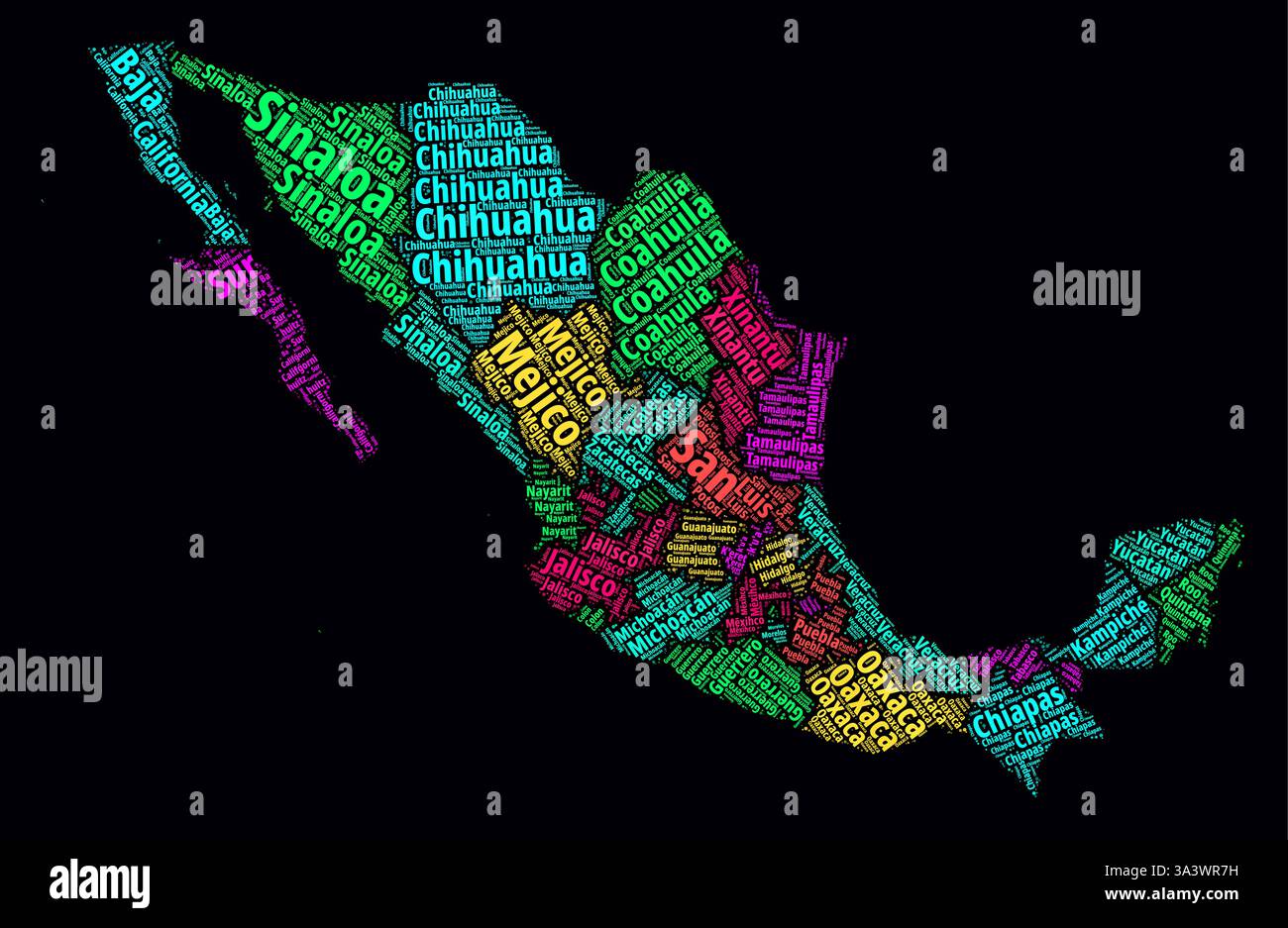 Mexico Regions Word Clouds. Bright neon style design on dark background. Region names of the country in Spanish language. Stock Vector