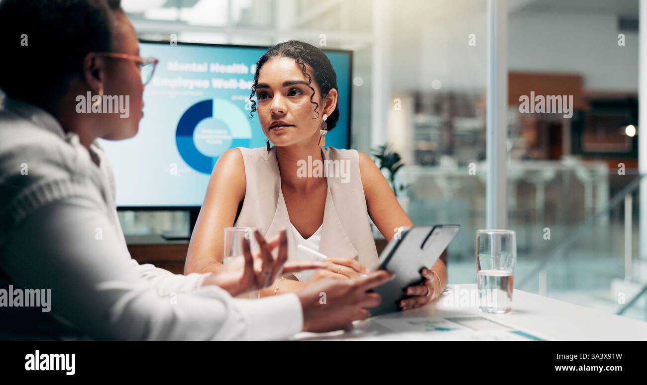Meeting, discussion and women with tablet, business and serious for ...