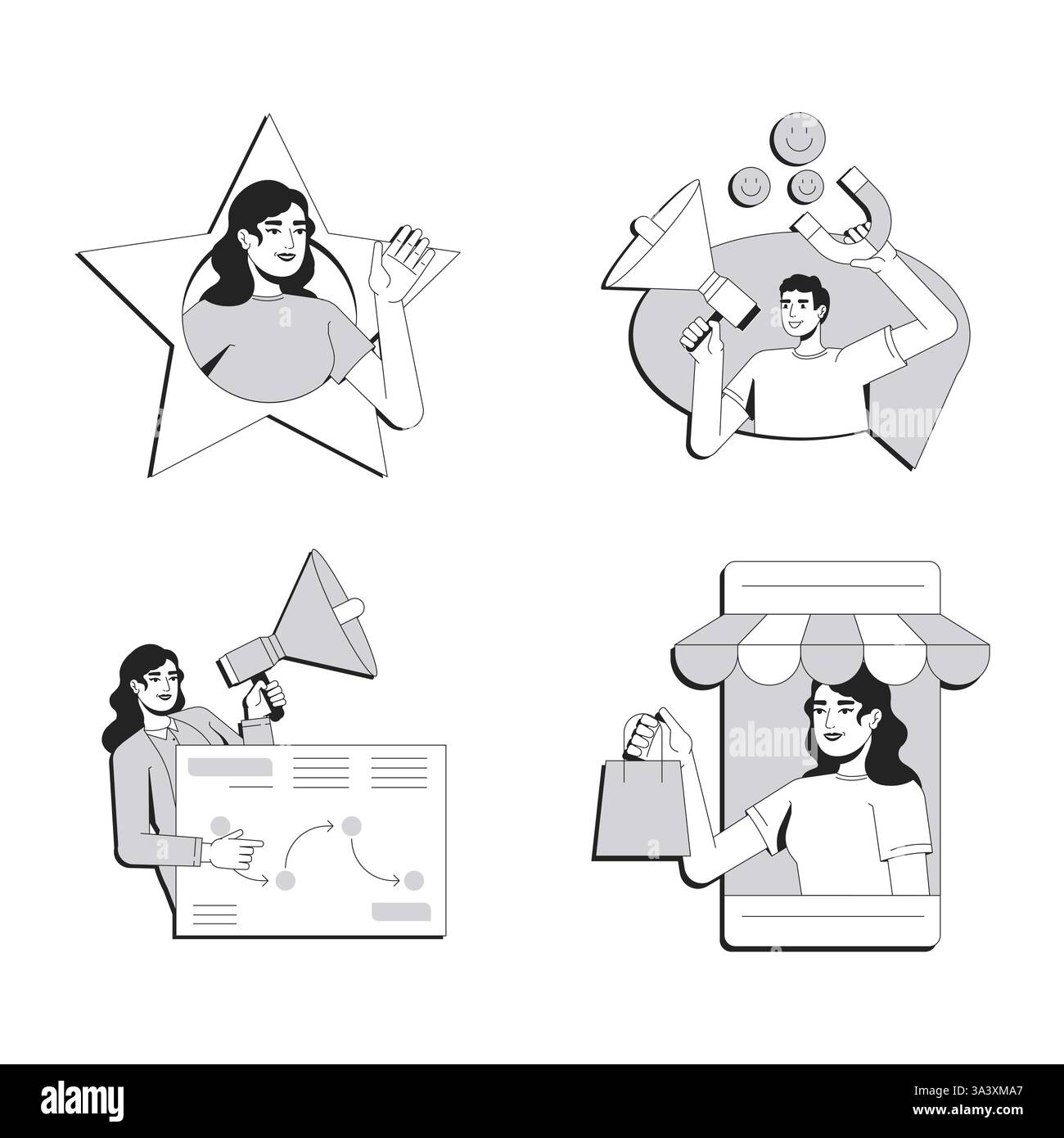 Advertising strategy line conceptual illustration set Stock Vector