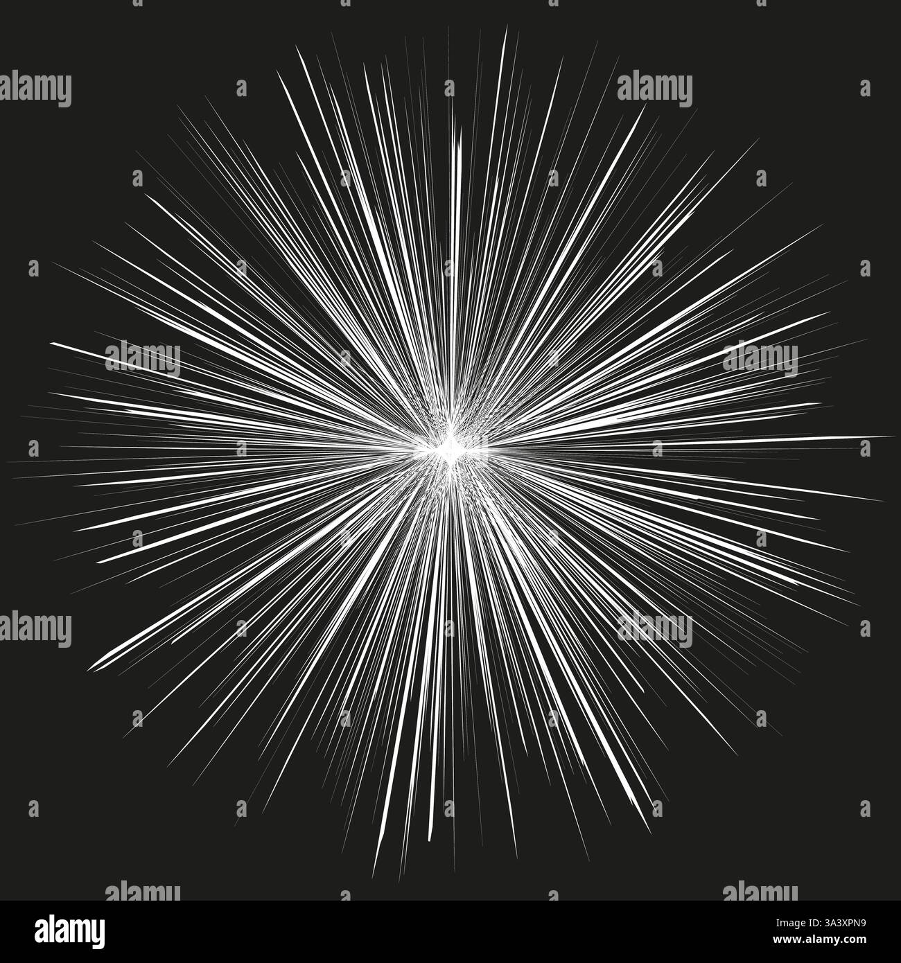 Bright starburst effect. Radiating light rays. White explosion shape. Abstract energy burst. Stock Vector