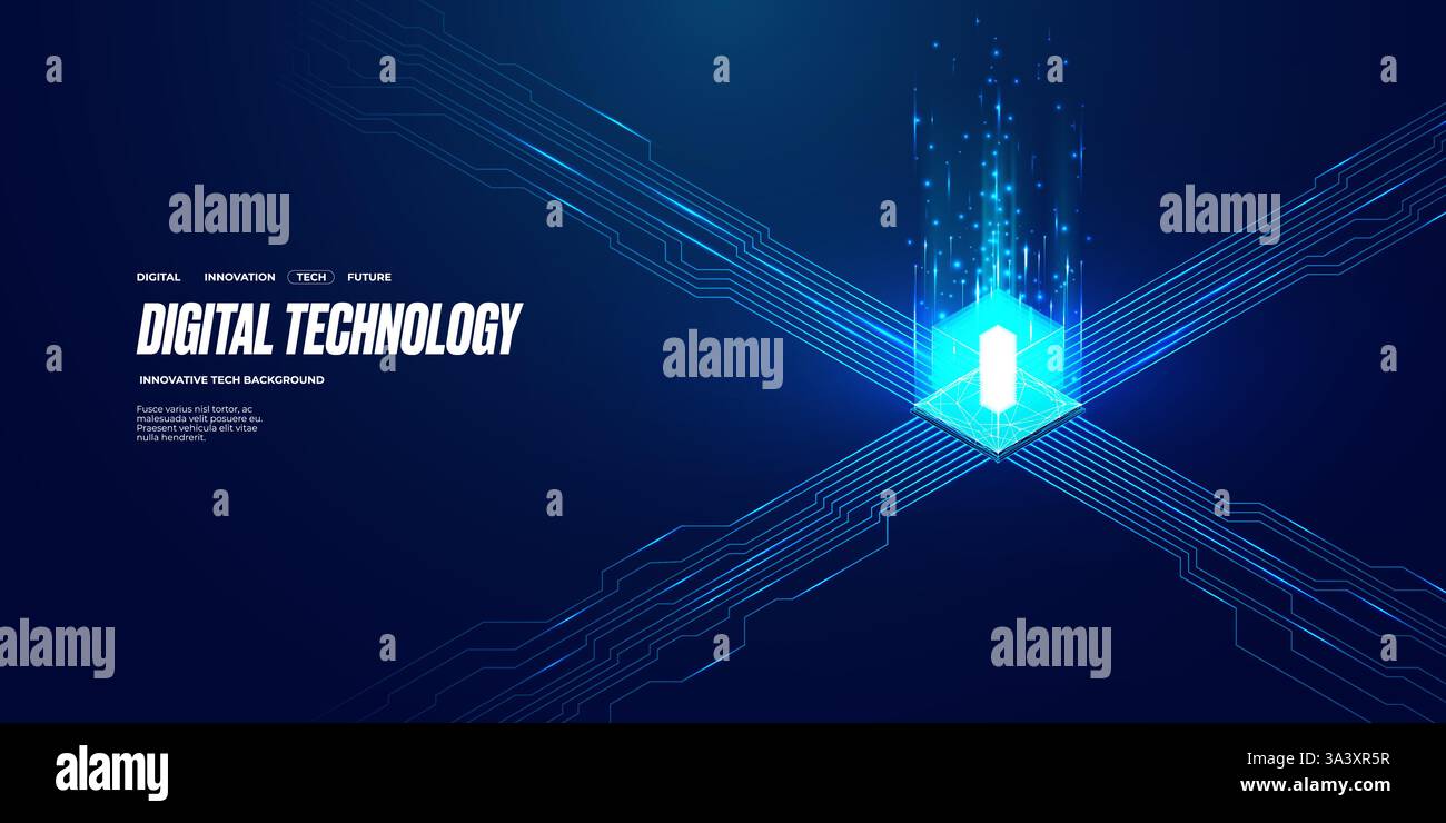 CPU semiconductor with circuit elements on technology blue background. Stock Vector