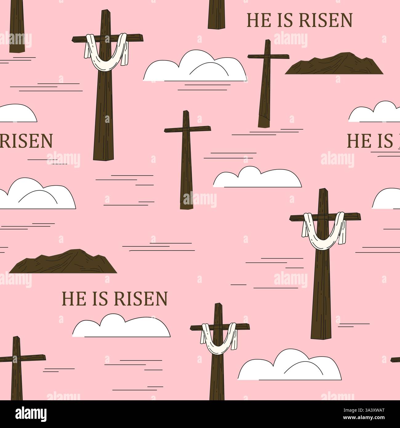 He is risen Easter seamless pattern, cross sky, cloud Stock Vector