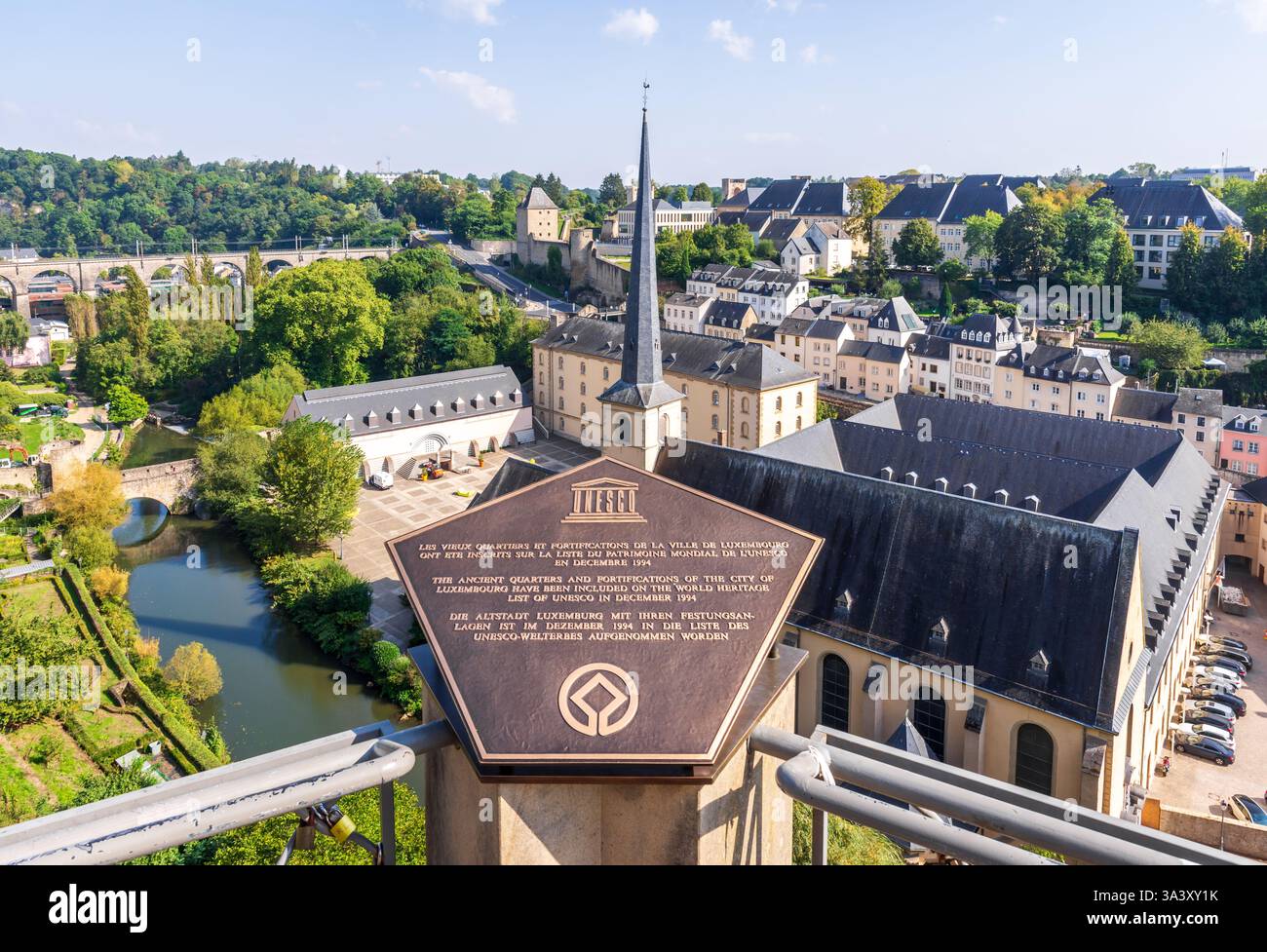 The UNESCO plaque overlooking the Neimënster abbey in Luxembourg City, Luxembourg, testifies that the old town are a World Heritage Site. Stock Photo