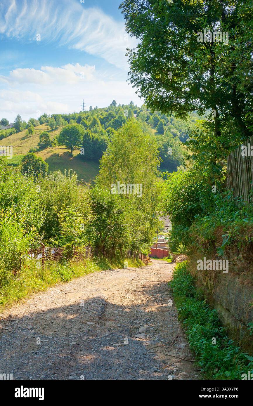 rural landscape with road in summer. countryside nature with mountain in background. rustic scenery with green grass on hill and blue sky. scenic view Stock Photo